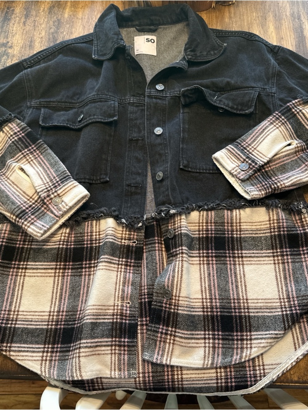 SO Black Denim & Pink Plaid Shacket